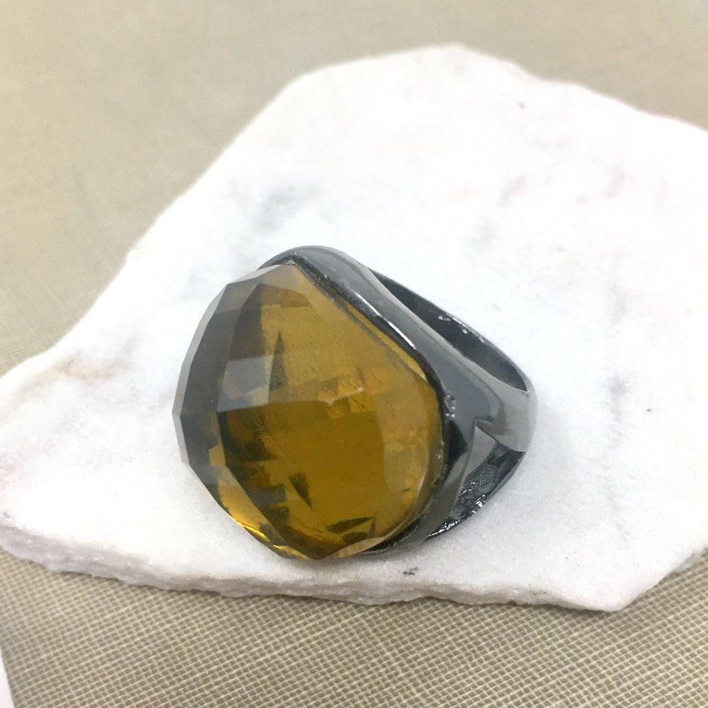 Chunky Faceted Acrylic Citrine Gemstone Dome Pewter Tone Statement Cocktail Ring